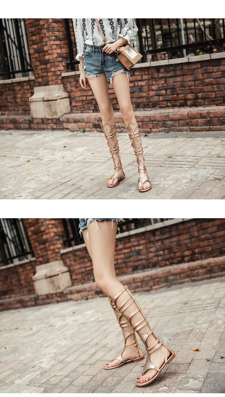 Eilyken 2026 New Golden Gladiator Roman Women Boots Sandals PU Leather Open Toe Knee High Rivet Leisure Flat Shoes