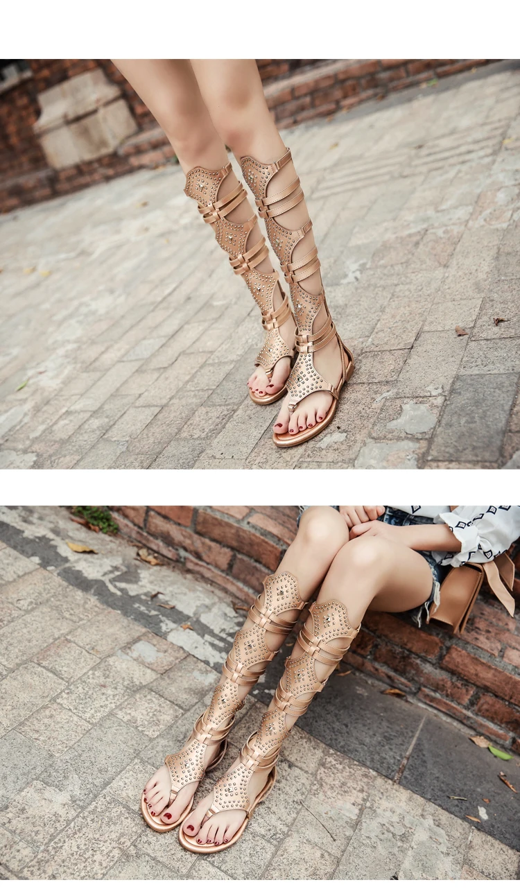 Eilyken 2026 New Golden Gladiator Roman Women Boots Sandals PU Leather Open Toe Knee High Rivet Leisure Flat Shoes