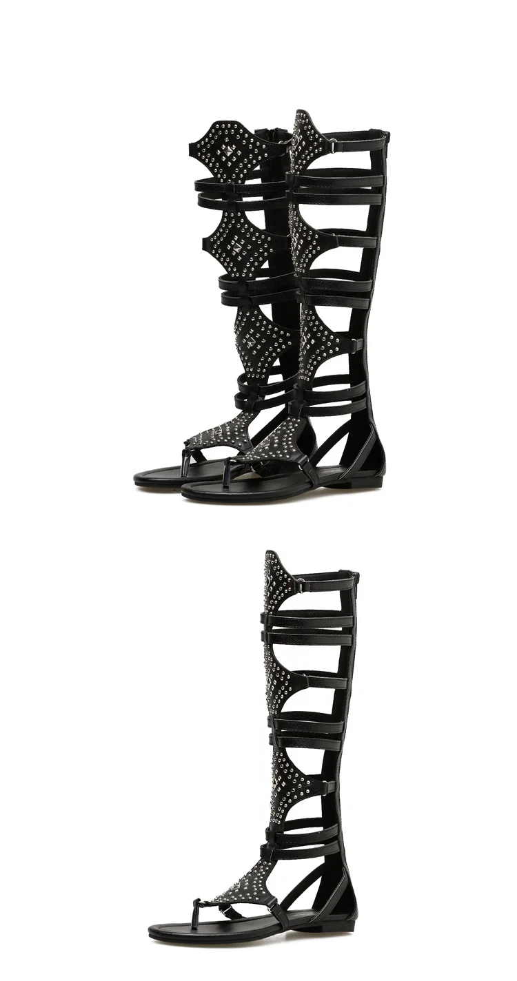 Eilyken 2026 New Golden Gladiator Roman Women Boots Sandals PU Leather Open Toe Knee High Rivet Leisure Flat Shoes