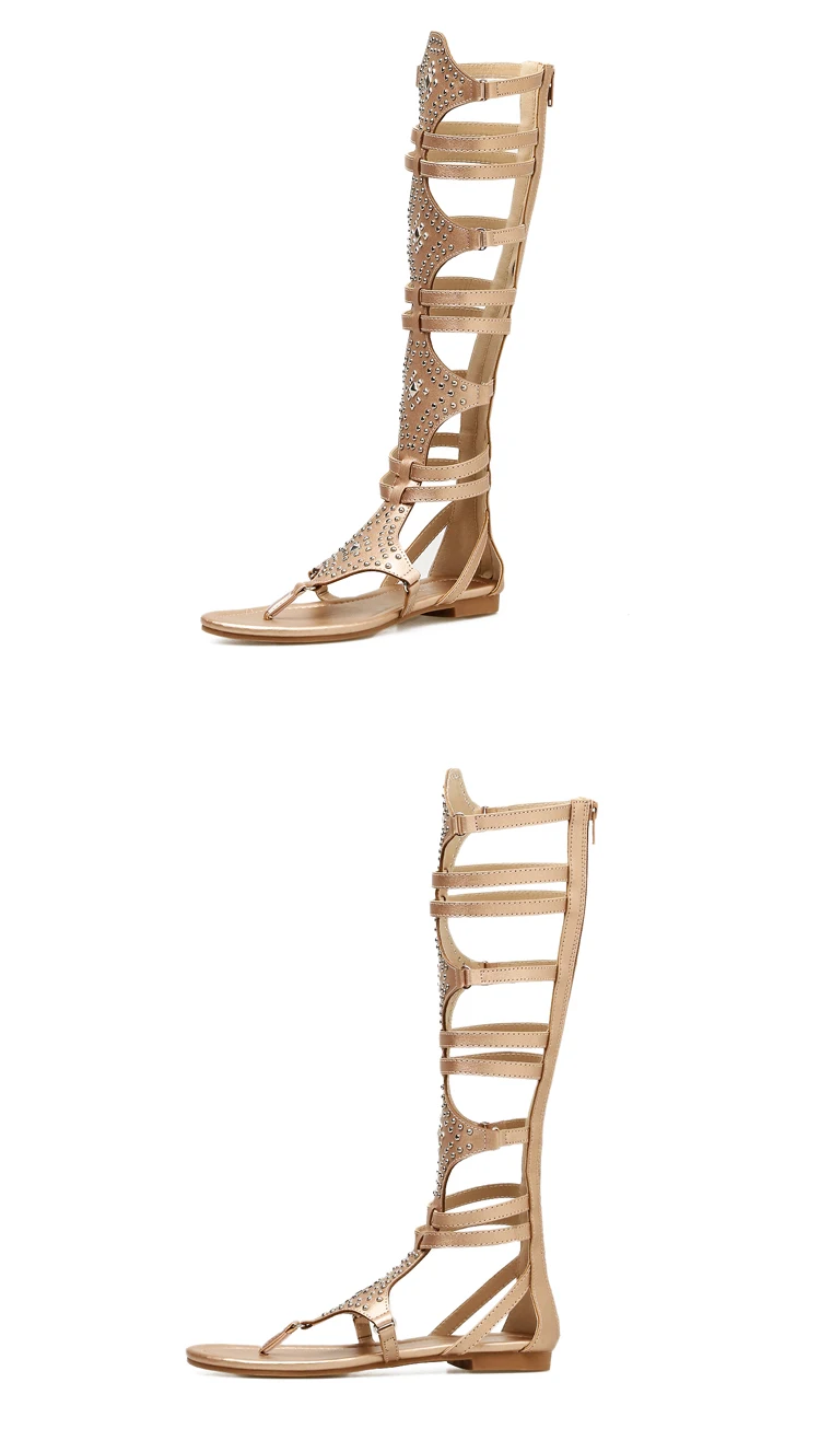 Eilyken 2026 New Golden Gladiator Roman Women Boots Sandals PU Leather Open Toe Knee High Rivet Leisure Flat Shoes