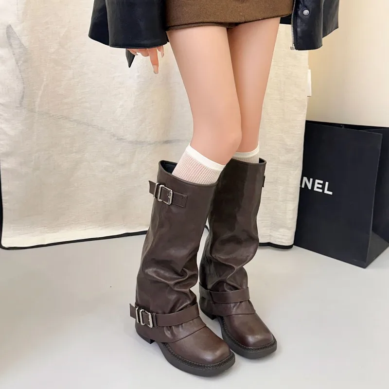 Autumn Winter Women Knee High Boots Metal Buckle Decor Round Toe Block Heel Shoes Ladies Concise Leather Knight Long Booties