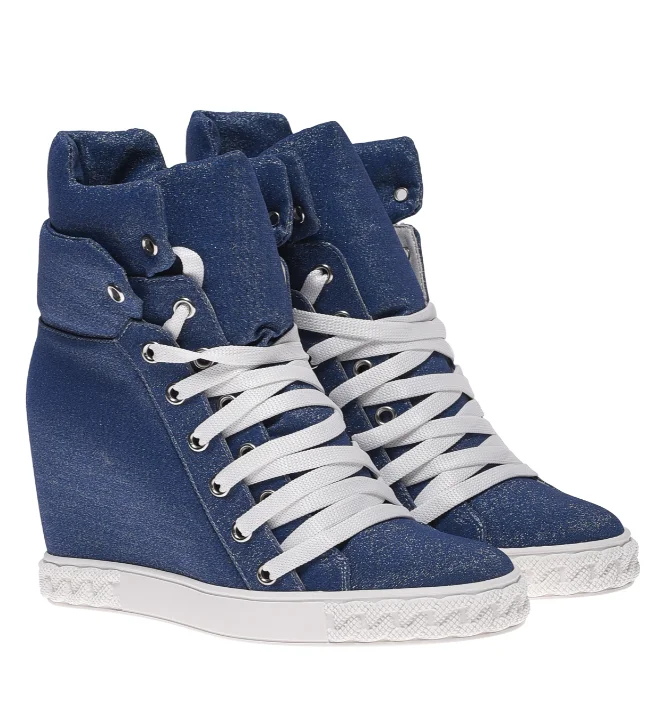 Women's suede lace up Hidden height boots Genuine Leather wedges pink/denim causal dress sneakers comfy luxury designer shoes