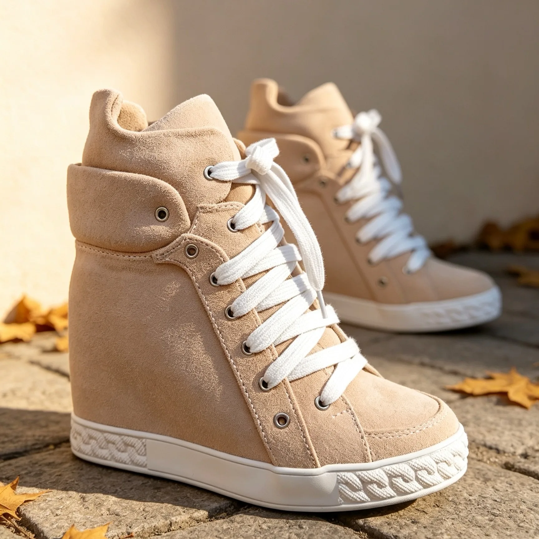 Women's suede lace up Hidden height boots Genuine Leather wedges pink/denim causal dress sneakers comfy luxury designer shoes