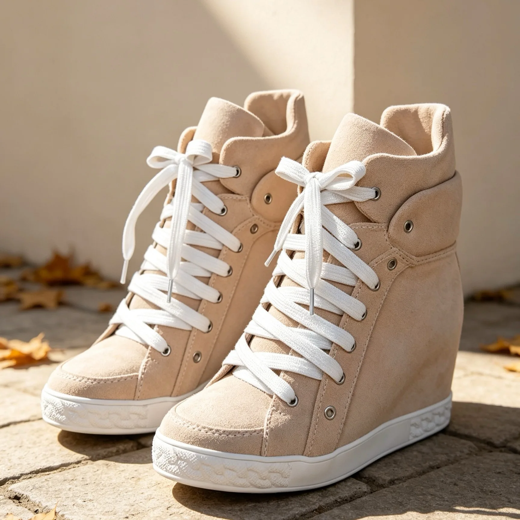 Women's suede lace up Hidden height boots Genuine Leather wedges pink/denim causal dress sneakers comfy luxury designer shoes