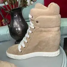 Women's suede lace up Hidden height boots Genuine Leather wedges pink/denim causal dress sneakers comfy luxury designer shoes