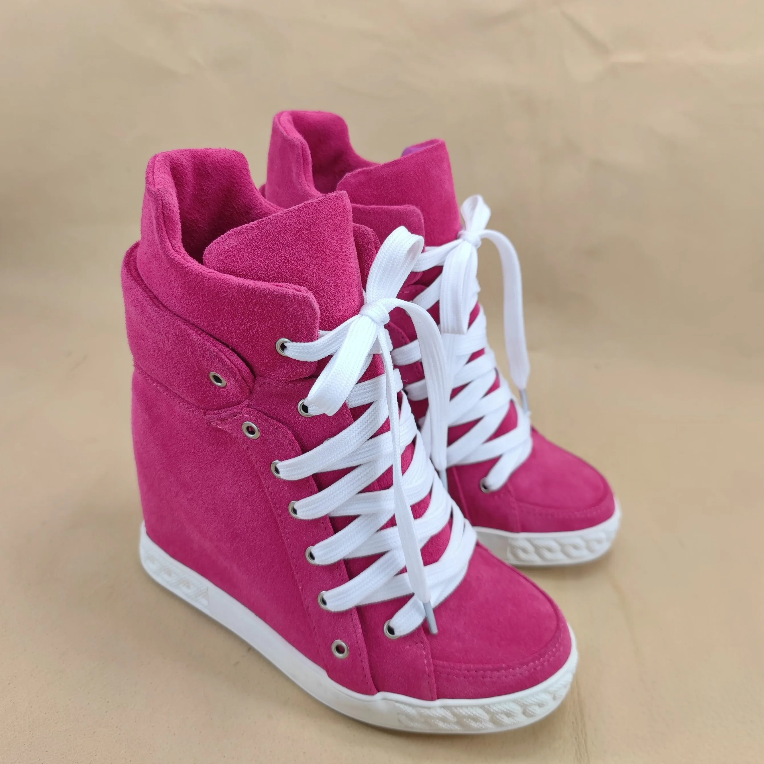 Women's suede lace up Hidden height boots Genuine Leather wedges pink/denim causal dress sneakers comfy luxury designer shoes