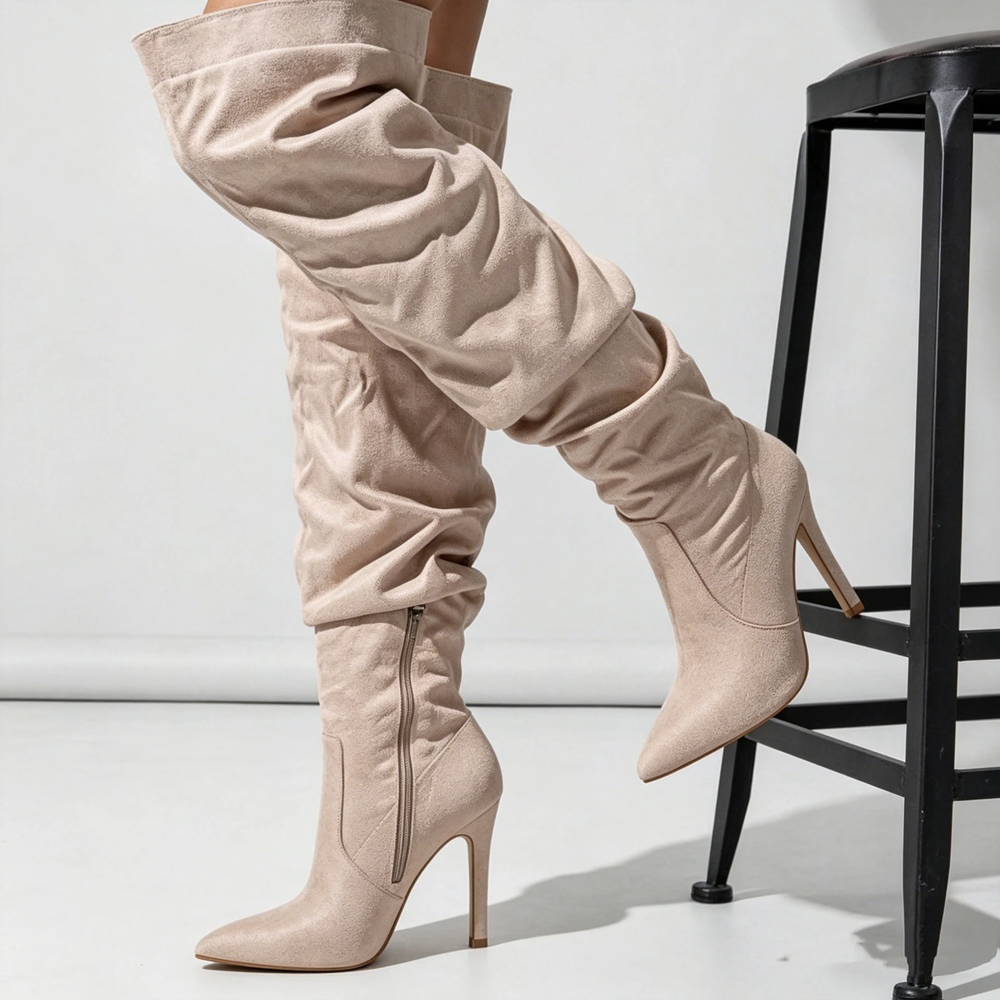 Women Beige Suede Thigh High Boots Chunky Heel Over The Knee Zipper Pointed Toe Party Shoes