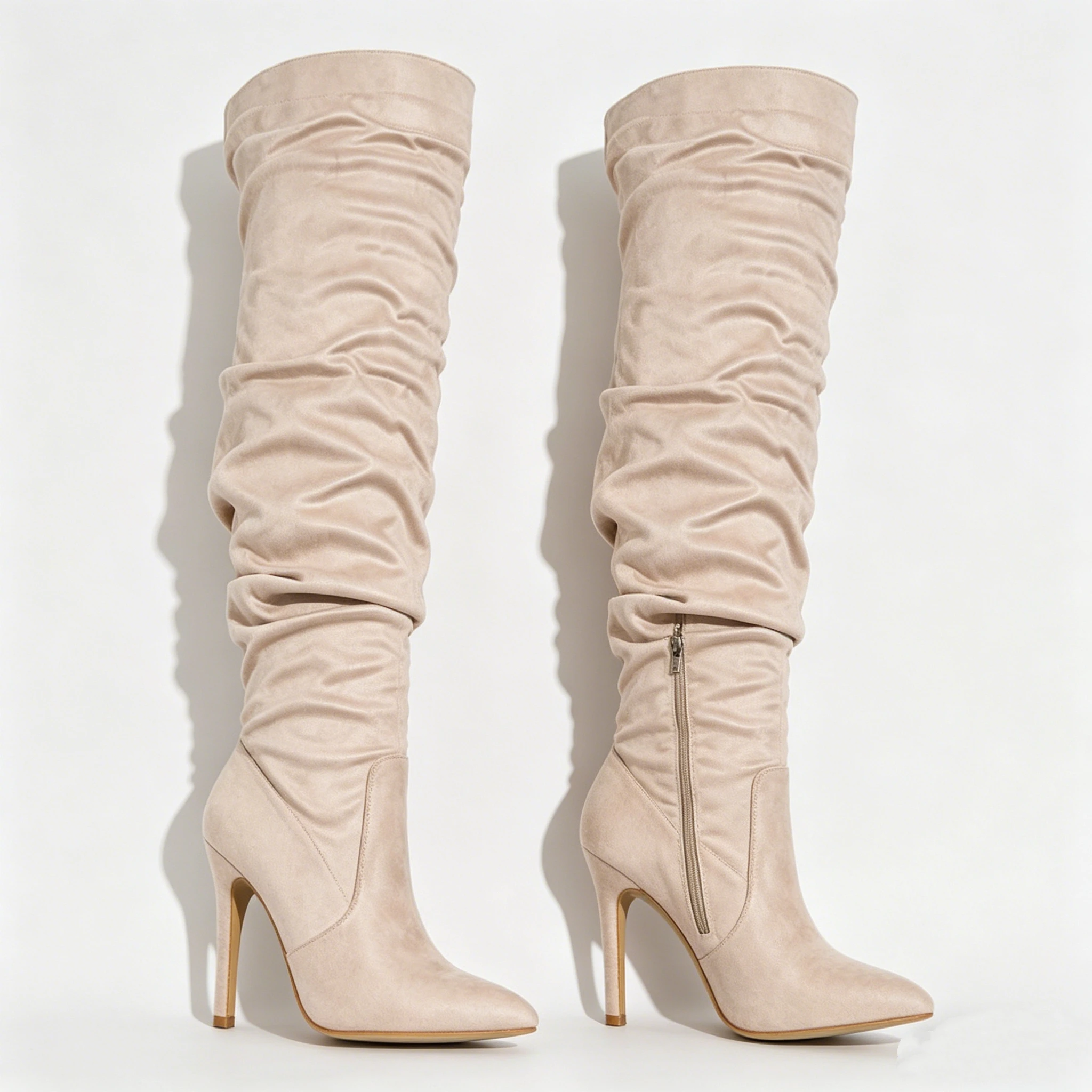 Women Beige Suede Thigh High Boots Chunky Heel Over The Knee Zipper Pointed Toe Party Shoes