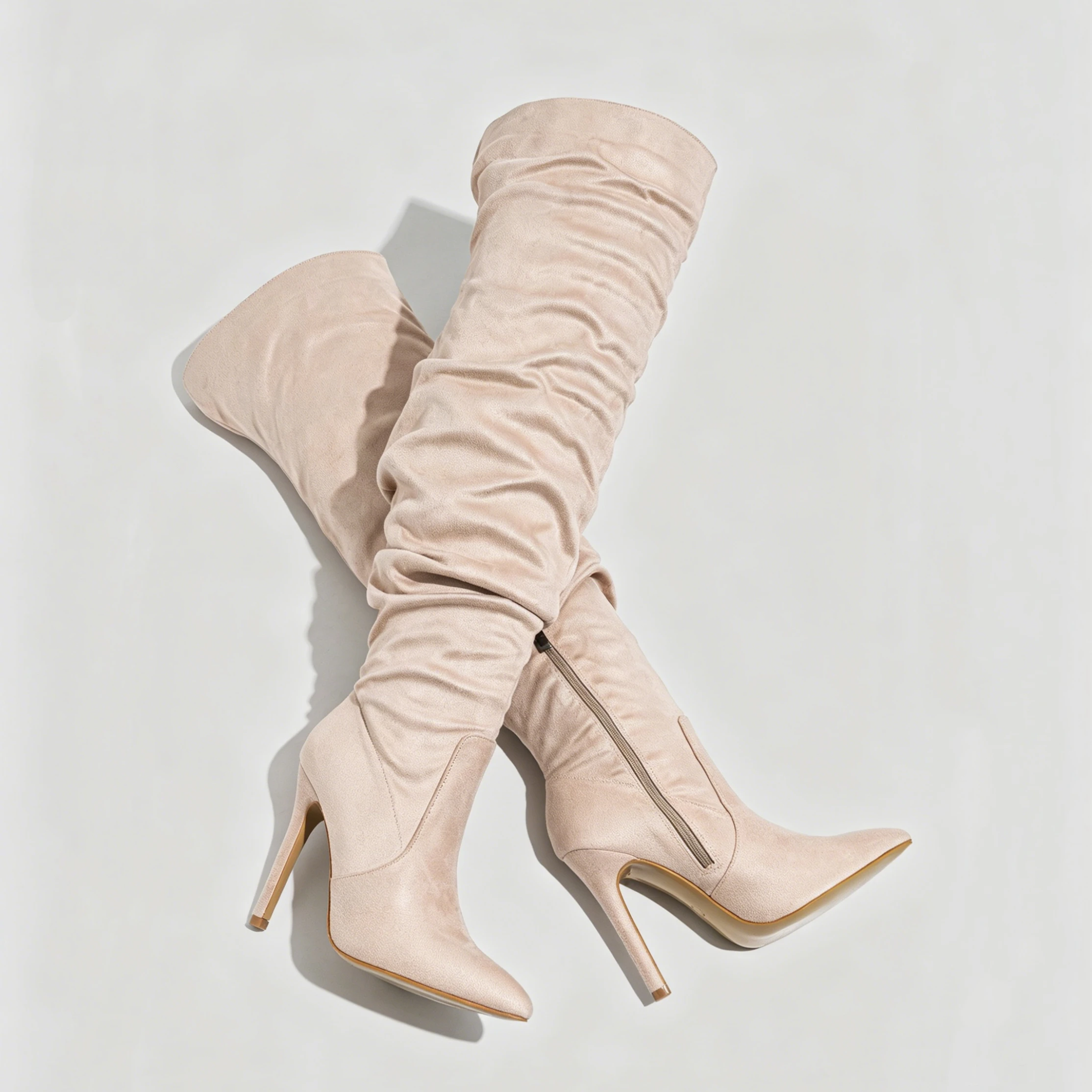 Women Beige Suede Thigh High Boots Chunky Heel Over The Knee Zipper Pointed Toe Party Shoes