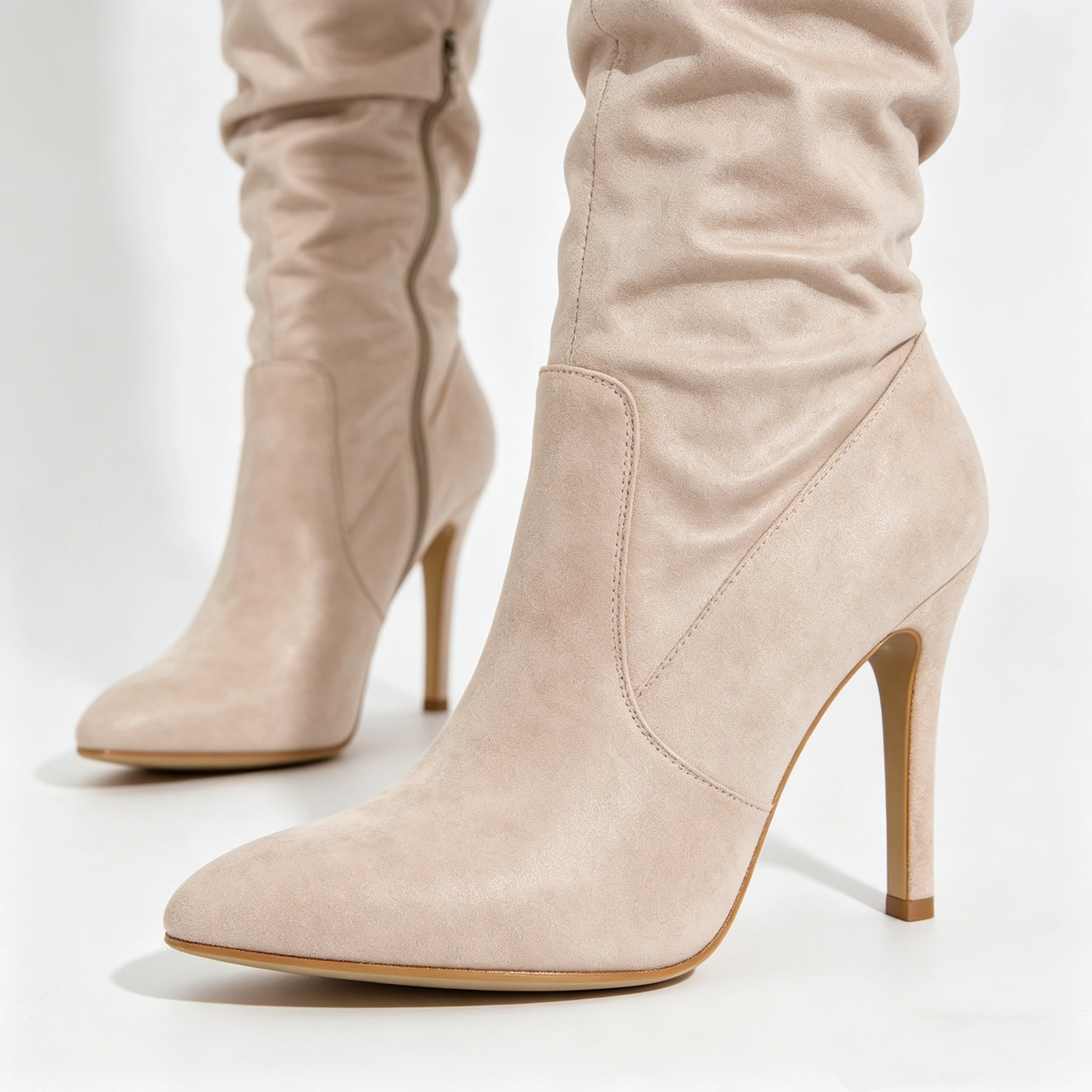 Women Beige Suede Thigh High Boots Chunky Heel Over The Knee Zipper Pointed Toe Party Shoes