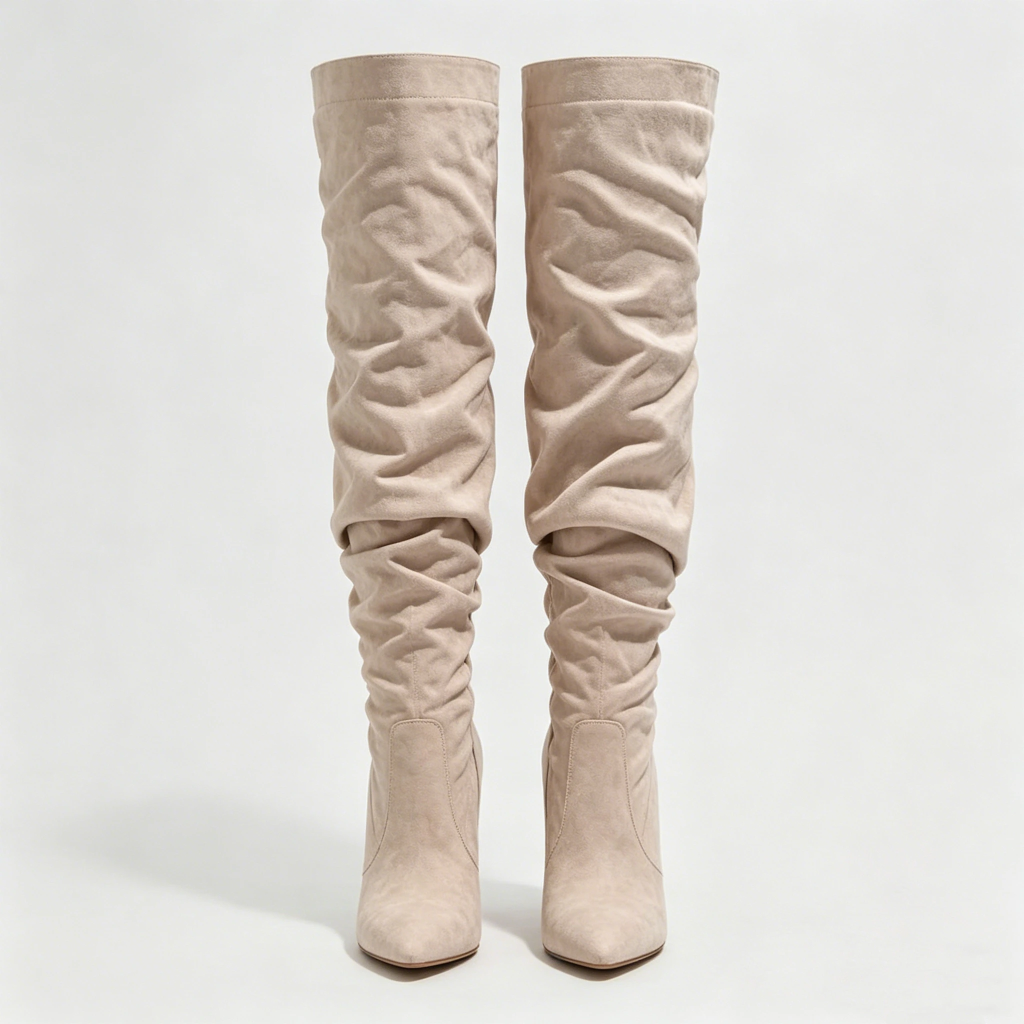 Women Beige Suede Thigh High Boots Chunky Heel Over The Knee Zipper Pointed Toe Party Shoes
