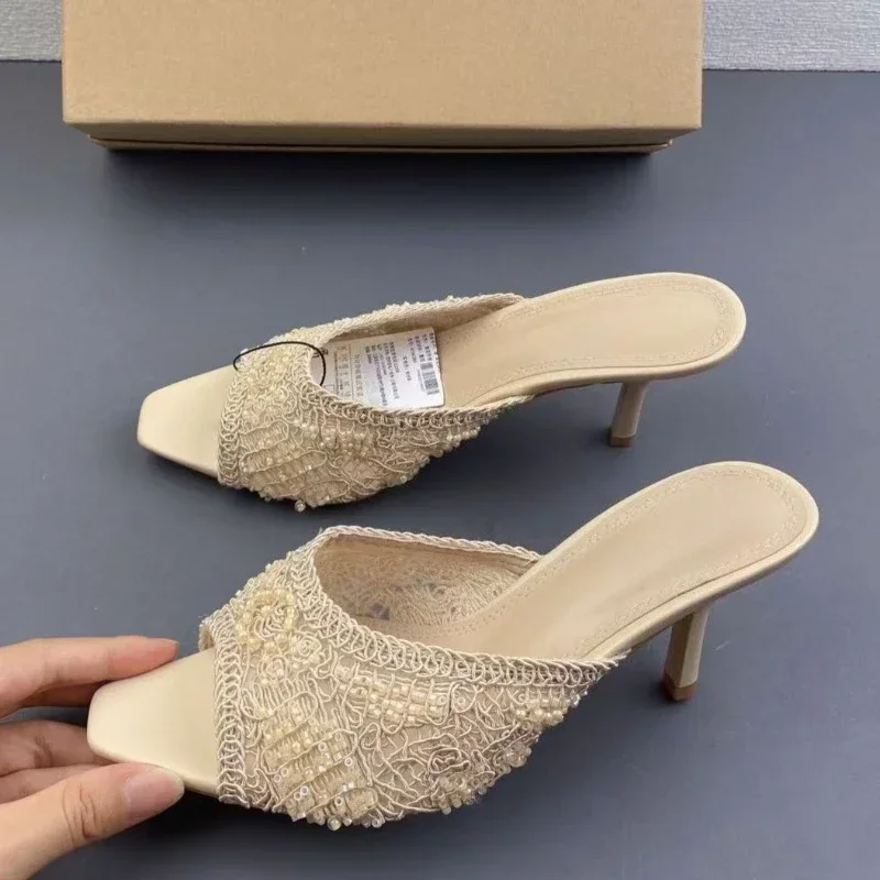 2026 Summer Sandals Weave Pearl Mule Heels for Women Nude Square Toe High Heel Sandal Elegant Backless Fashion Stiletto Footwear