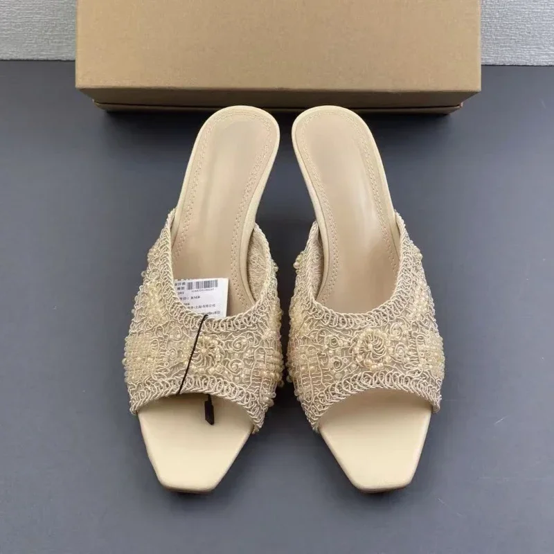2026 Summer Sandals Weave Pearl Mule Heels for Women Nude Square Toe High Heel Sandal Elegant Backless Fashion Stiletto Footwear