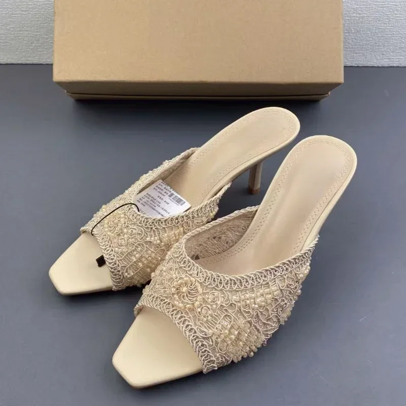 2026 Summer Sandals Weave Pearl Mule Heels for Women Nude Square Toe High Heel Sandal Elegant Backless Fashion Stiletto Footwear