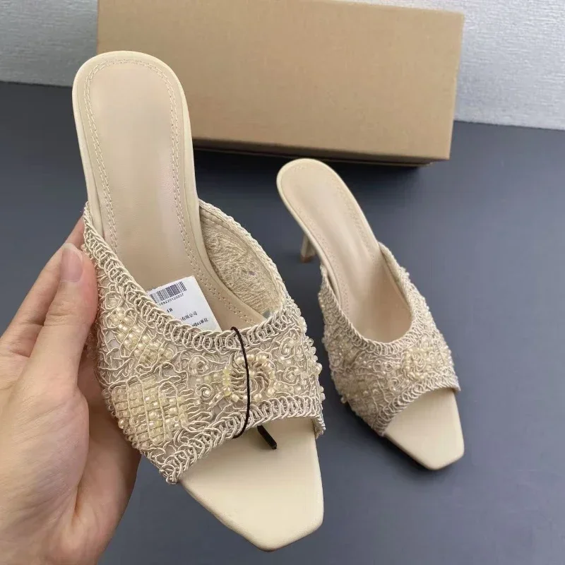 2026 Summer Sandals Weave Pearl Mule Heels for Women Nude Square Toe High Heel Sandal Elegant Backless Fashion Stiletto Footwear