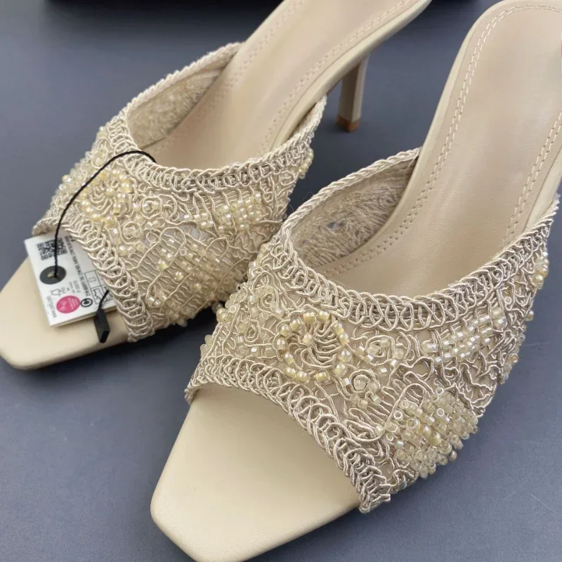 2026 Summer Sandals Weave Pearl Mule Heels for Women Nude Square Toe High Heel Sandal Elegant Backless Fashion Stiletto Footwear