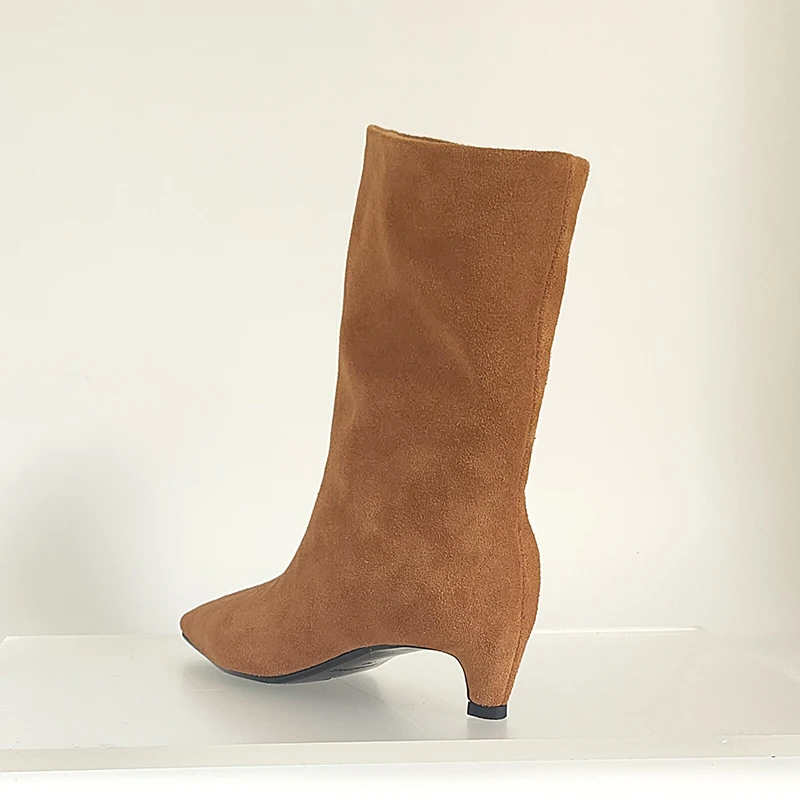 SmallHut New 2026 Trend Women Autumn Winter Cow Suede Ankle Boots Khaki Brown Chocolate Low Heel Square Toe Ladies Slip-on Boots
