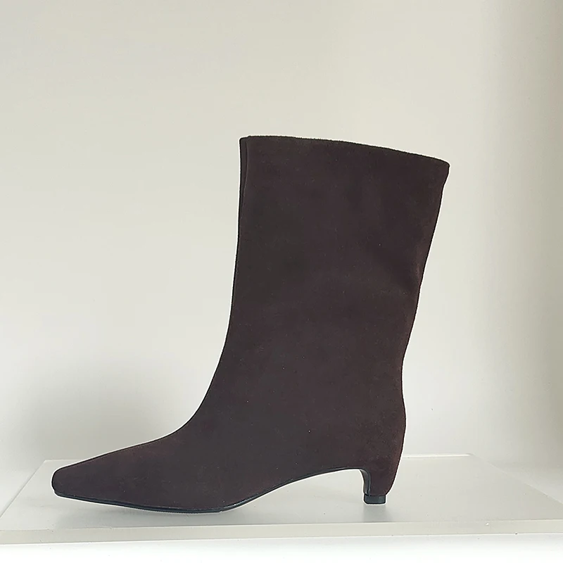 SmallHut New 2026 Trend Women Autumn Winter Cow Suede Ankle Boots Khaki Brown Chocolate Low Heel Square Toe Ladies Slip-on Boots