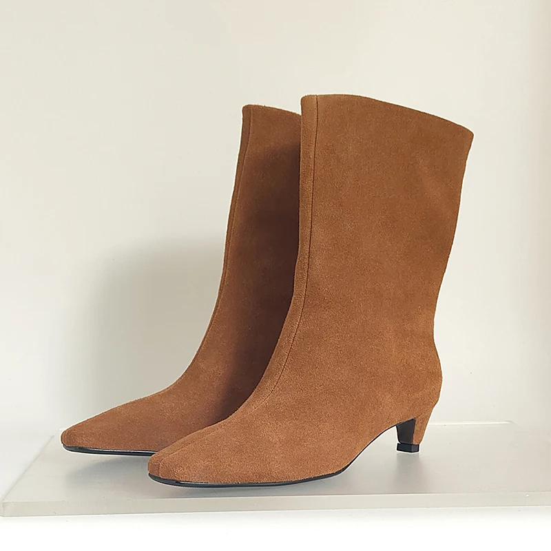 SmallHut New 2026 Trend Women Autumn Winter Cow Suede Ankle Boots Khaki Brown Chocolate Low Heel Square Toe Ladies Slip-on Boots