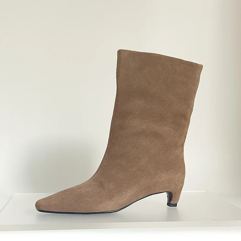 SmallHut New 2026 Trend Women Autumn Winter Cow Suede Ankle Boots Khaki Brown Chocolate Low Heel Square Toe Ladies Slip-on Boots