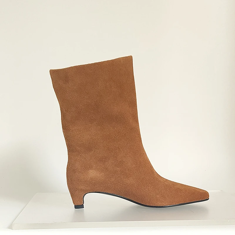 SmallHut New 2026 Trend Women Autumn Winter Cow Suede Ankle Boots Khaki Brown Chocolate Low Heel Square Toe Ladies Slip-on Boots