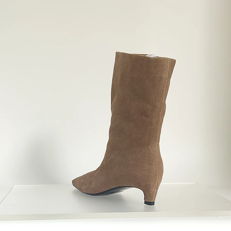 SmallHut New 2026 Trend Women Autumn Winter Cow Suede Ankle Boots Khaki Brown Chocolate Low Heel Square Toe Ladies Slip-on Boots