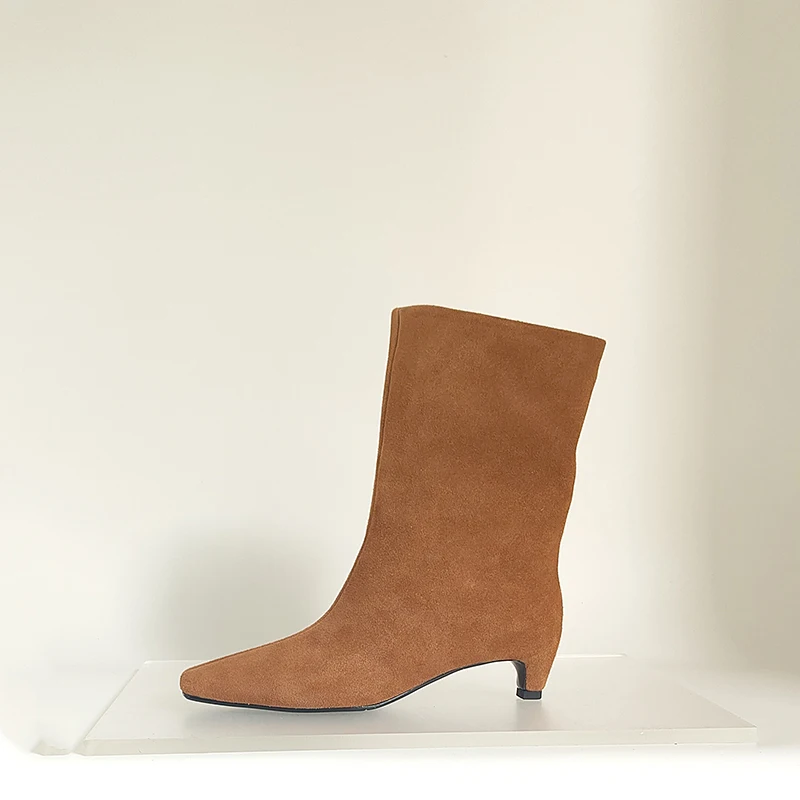 SmallHut New 2026 Trend Women Autumn Winter Cow Suede Ankle Boots Khaki Brown Chocolate Low Heel Square Toe Ladies Slip-on Boots