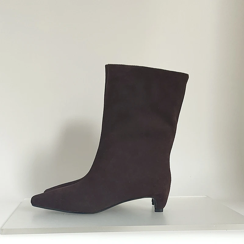 SmallHut New 2026 Trend Women Autumn Winter Cow Suede Ankle Boots Khaki Brown Chocolate Low Heel Square Toe Ladies Slip-on Boots