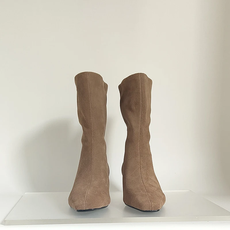 SmallHut New 2026 Trend Women Autumn Winter Cow Suede Ankle Boots Khaki Brown Chocolate Low Heel Square Toe Ladies Slip-on Boots