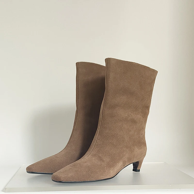 SmallHut New 2026 Trend Women Autumn Winter Cow Suede Ankle Boots Khaki Brown Chocolate Low Heel Square Toe Ladies Slip-on Boots