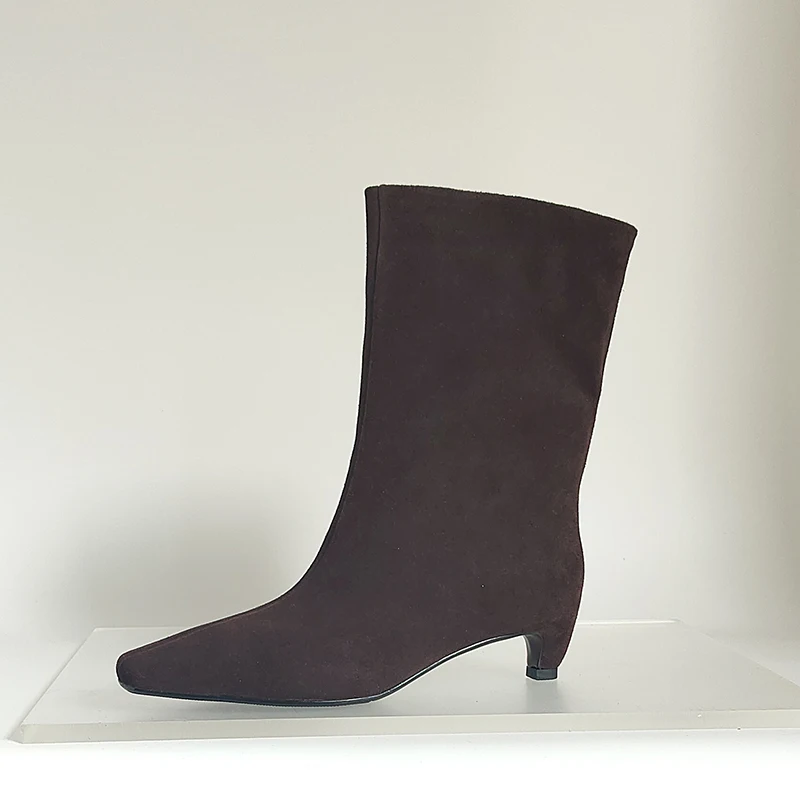 SmallHut New 2026 Trend Women Autumn Winter Cow Suede Ankle Boots Khaki Brown Chocolate Low Heel Square Toe Ladies Slip-on Boots