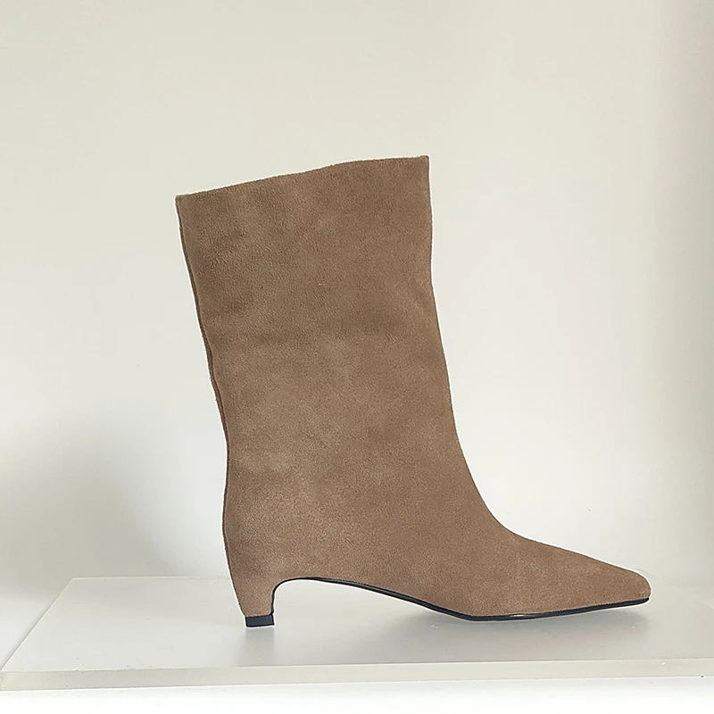 SmallHut New 2026 Trend Women Autumn Winter Cow Suede Ankle Boots Khaki Brown Chocolate Low Heel Square Toe Ladies Slip-on Boots