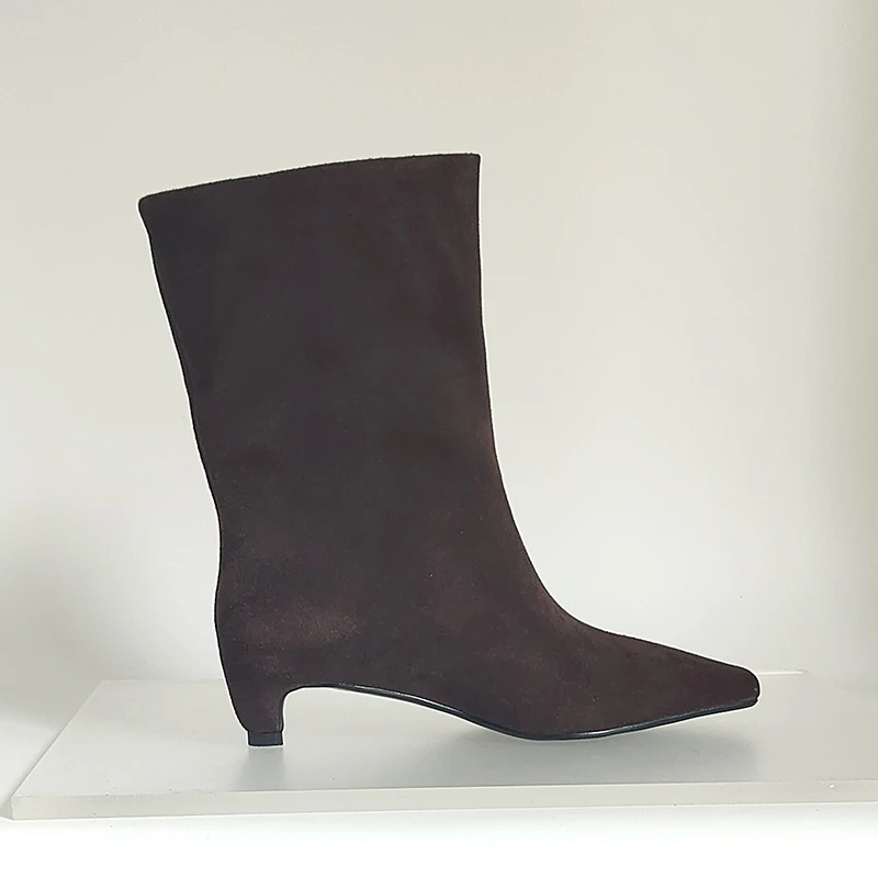 SmallHut New 2026 Trend Women Autumn Winter Cow Suede Ankle Boots Khaki Brown Chocolate Low Heel Square Toe Ladies Slip-on Boots