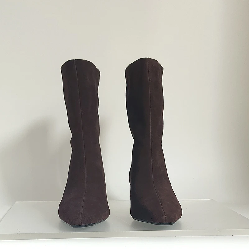 SmallHut New 2026 Trend Women Autumn Winter Cow Suede Ankle Boots Khaki Brown Chocolate Low Heel Square Toe Ladies Slip-on Boots