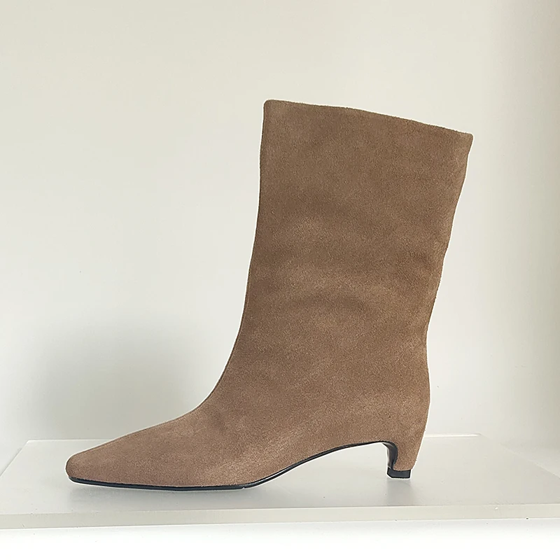 SmallHut New 2026 Trend Women Autumn Winter Cow Suede Ankle Boots Khaki Brown Chocolate Low Heel Square Toe Ladies Slip-on Boots