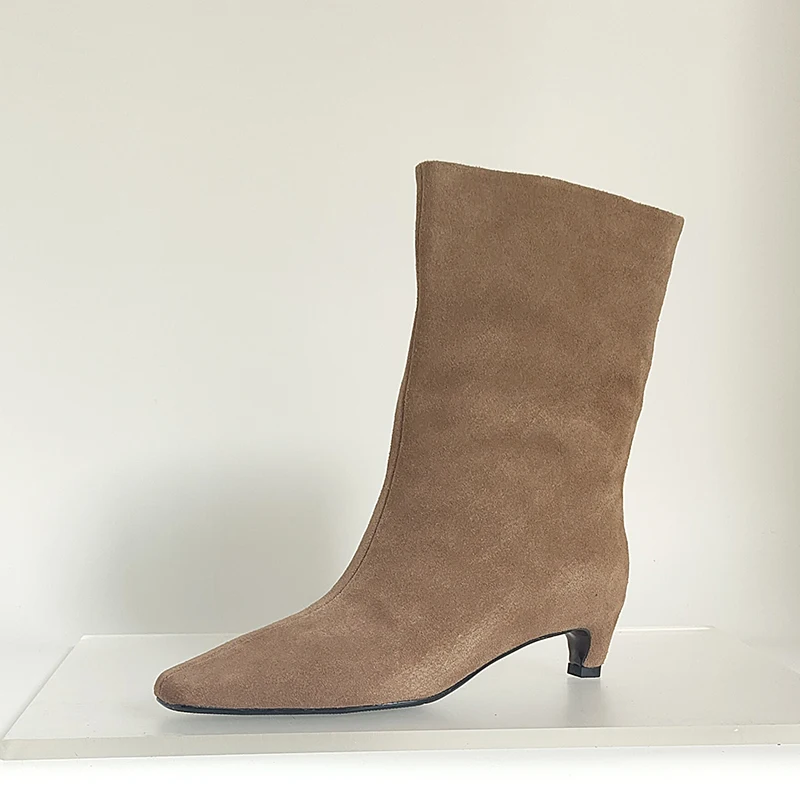 SmallHut New 2026 Trend Women Autumn Winter Cow Suede Ankle Boots Khaki Brown Chocolate Low Heel Square Toe Ladies Slip-on Boots