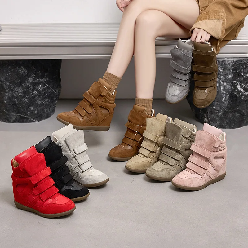 2026 New Women's 8CM Height Increase Velcro Chunky Platform Short Boots Suede Leather Fashion Versatile Casual Shoes Four Season