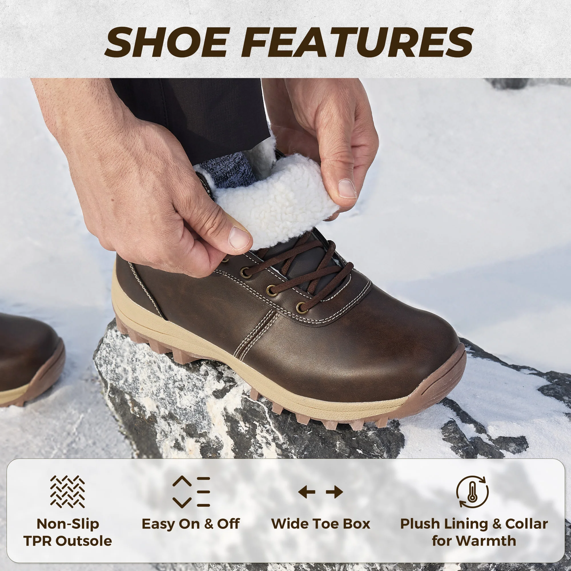 Fittington Men's Hiking Boots Wide Warm Fur Lined Winter Snow Boot Non-slip Outdoor Ankle High-top Trekking Shoes Waterproof
