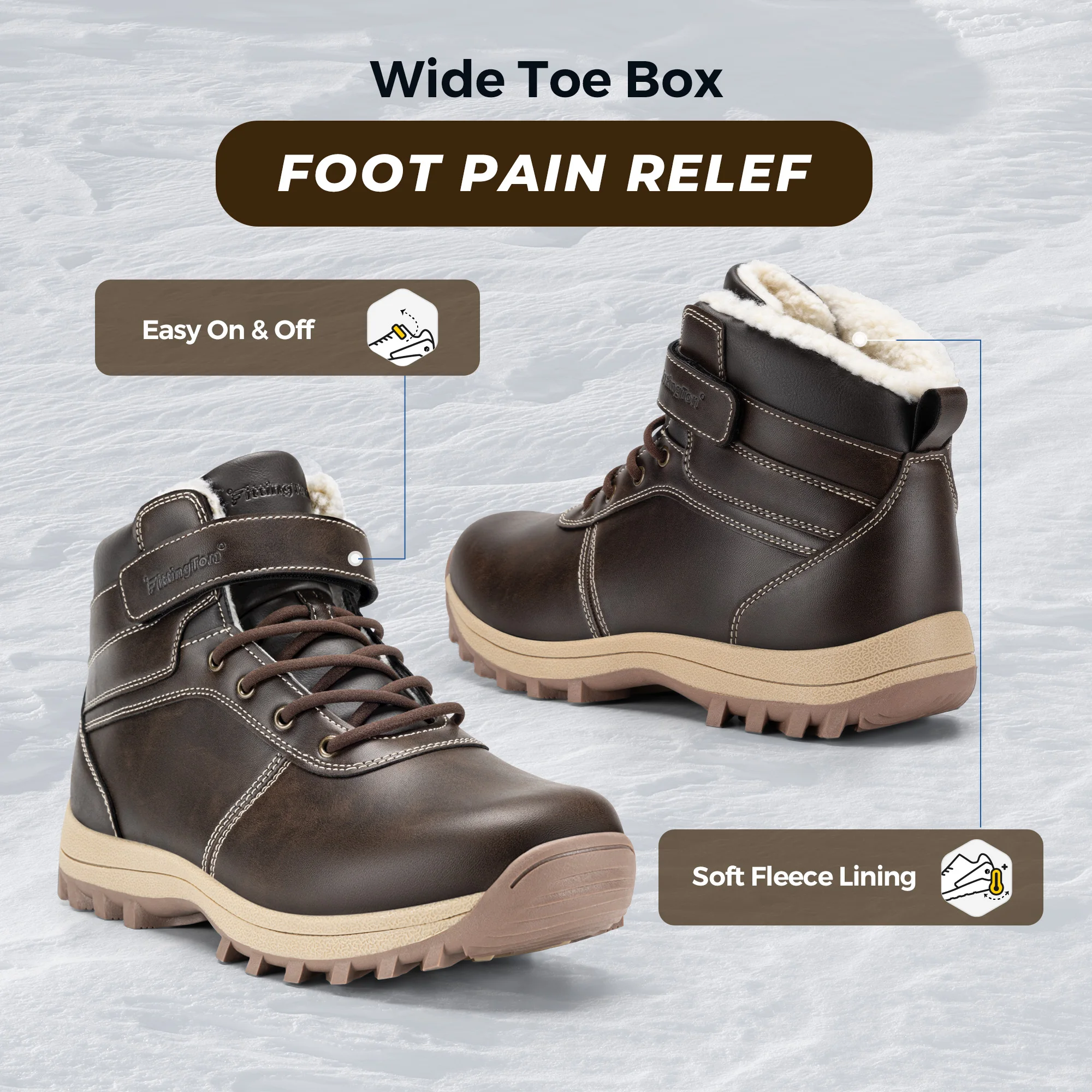Fittington Men's Hiking Boots Wide Warm Fur Lined Winter Snow Boot Non-slip Outdoor Ankle High-top Trekking Shoes Waterproof