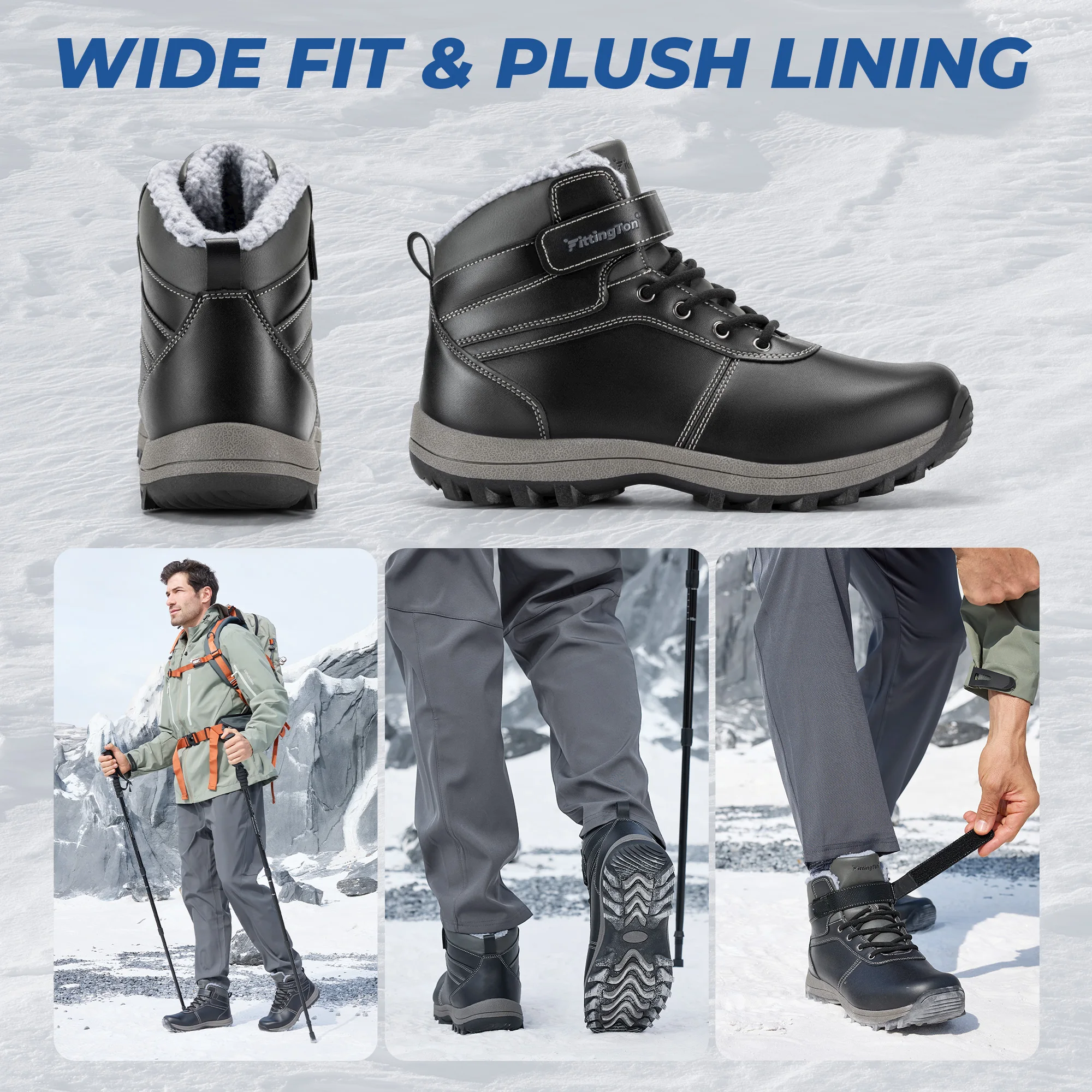 Fittington Men's Hiking Boots Wide Warm Fur Lined Winter Snow Boot Non-slip Outdoor Ankle High-top Trekking Shoes Waterproof