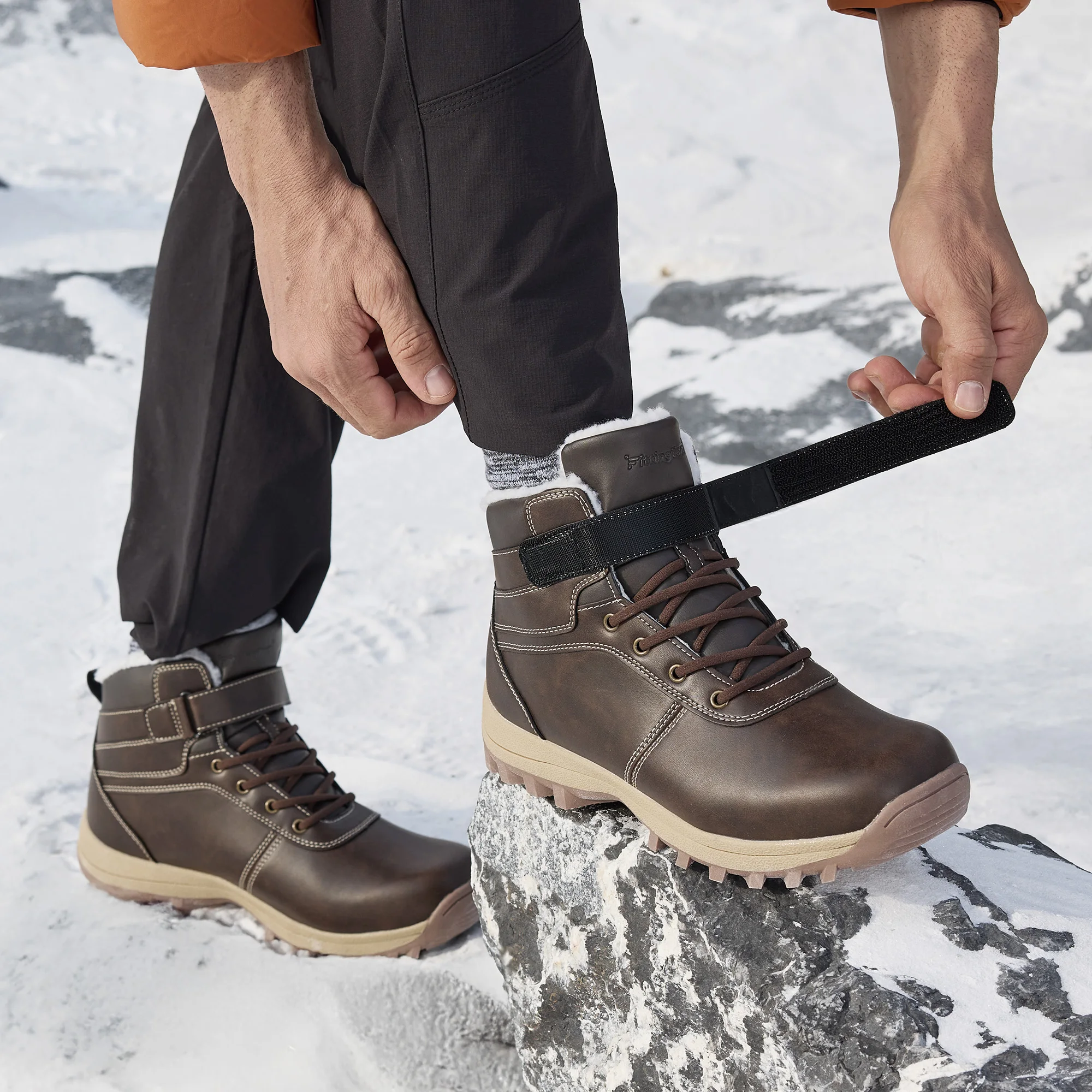 Fittington Men's Hiking Boots Wide Warm Fur Lined Winter Snow Boot Non-slip Outdoor Ankle High-top Trekking Shoes Waterproof