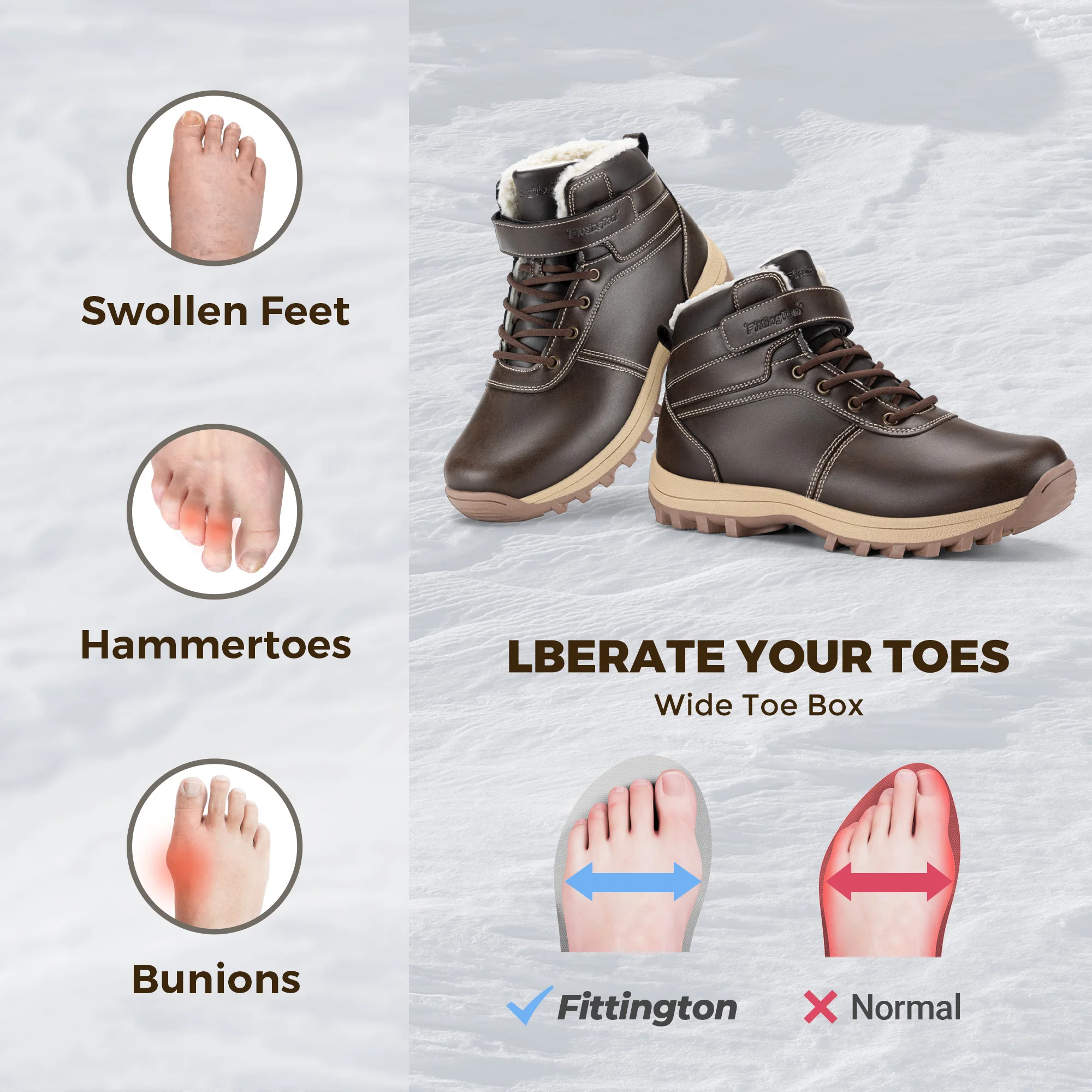 Fittington Men's Hiking Boots Wide Warm Fur Lined Winter Snow Boot Non-slip Outdoor Ankle High-top Trekking Shoes Waterproof