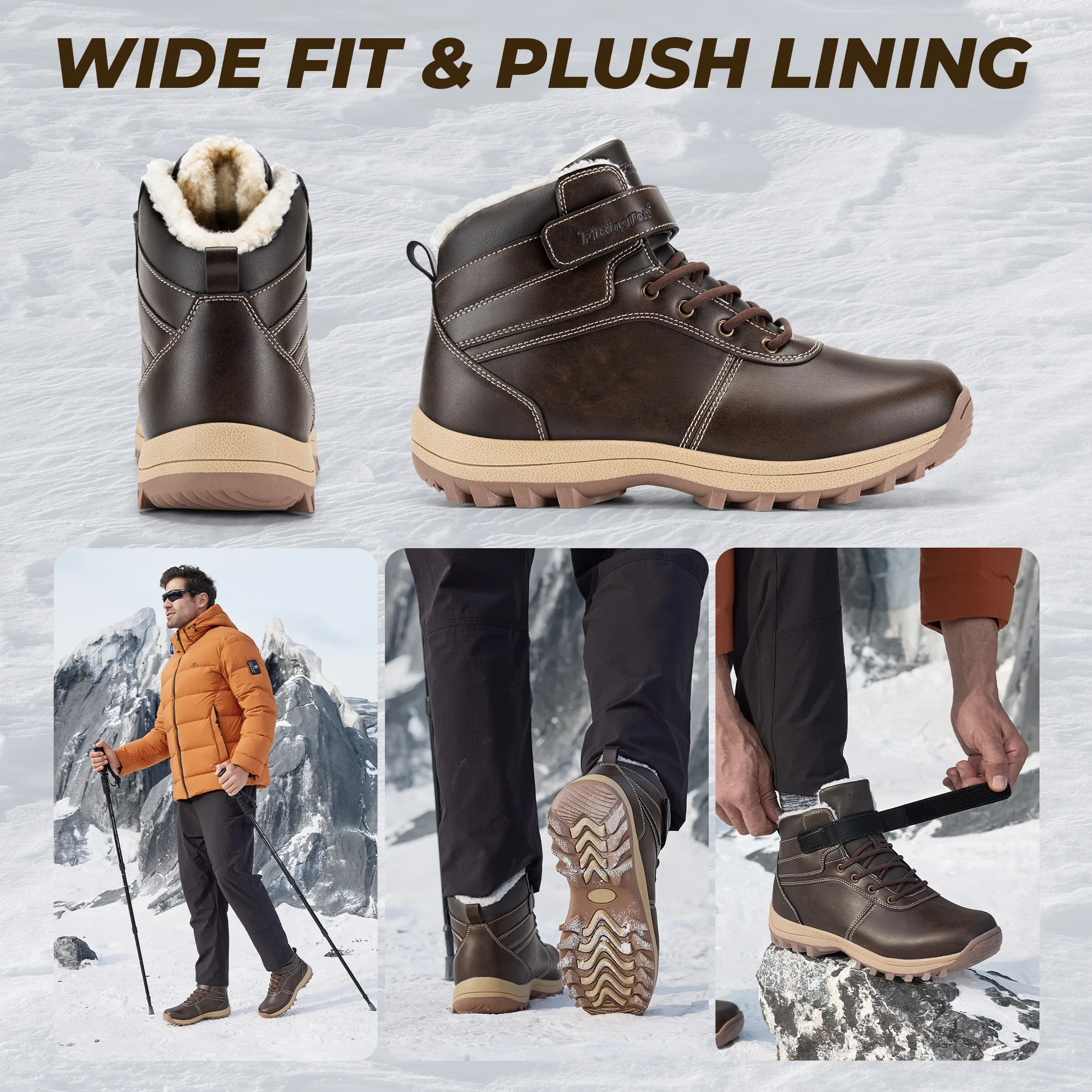 Fittington Men's Hiking Boots Wide Warm Fur Lined Winter Snow Boot Non-slip Outdoor Ankle High-top Trekking Shoes Waterproof