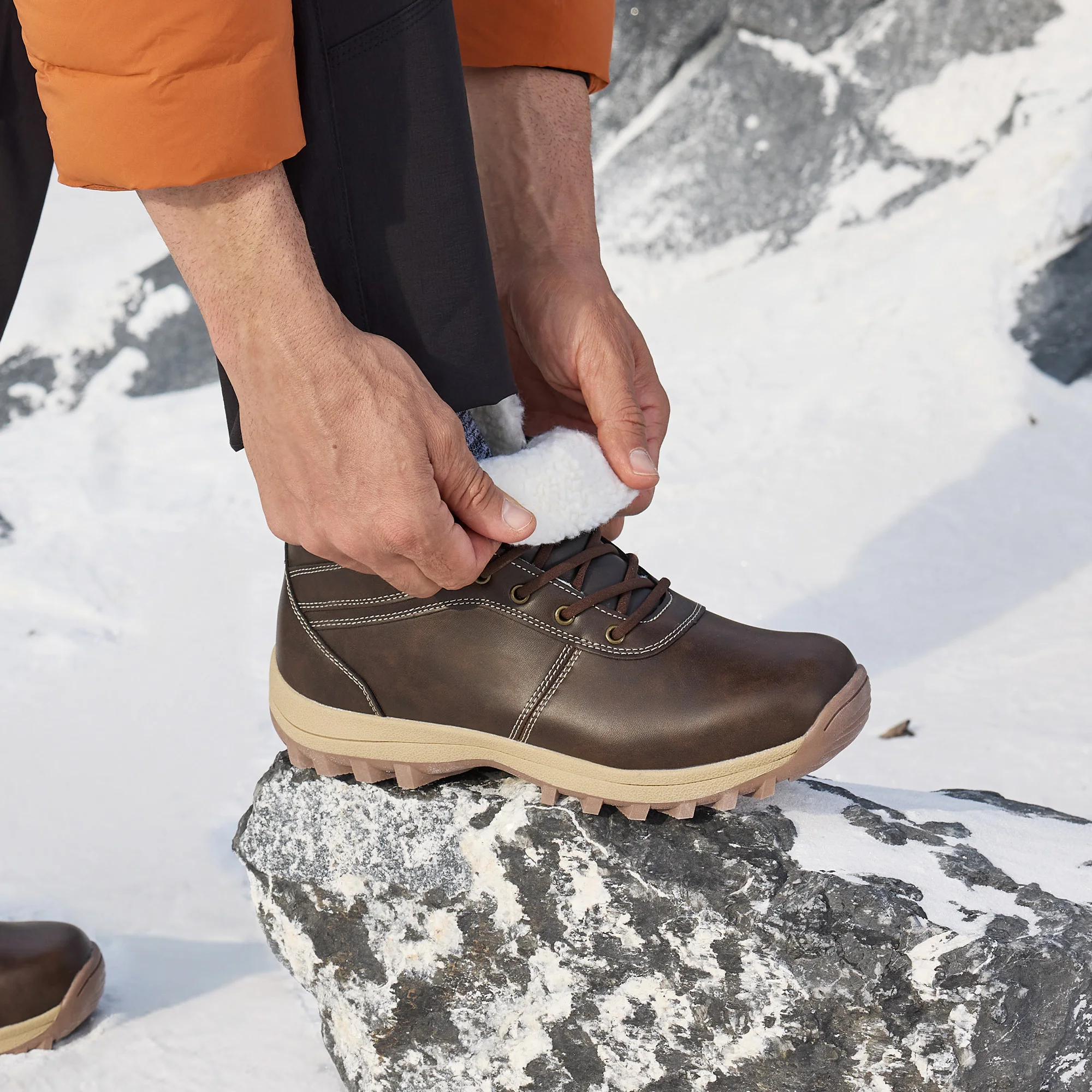 Fittington Men's Hiking Boots Wide Warm Fur Lined Winter Snow Boot Non-slip Outdoor Ankle High-top Trekking Shoes Waterproof