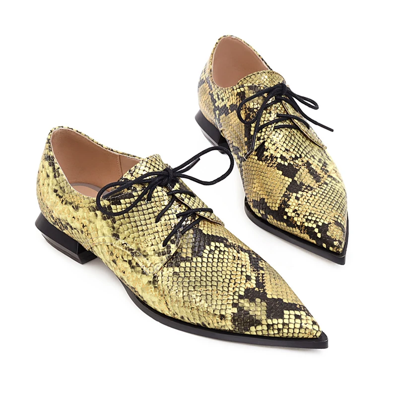 Snake Print Women Loafers Shoes Casual Low Heels Fashion Lace-up Boat Shoes Lady Sexy Pointed Snake EURO Style Oxford Shoes