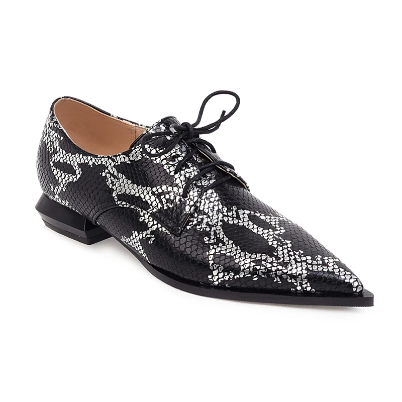 Snake Print Women Loafers Shoes Casual Low Heels Fashion Lace-up Boat Shoes Lady Sexy Pointed Snake EURO Style Oxford Shoes