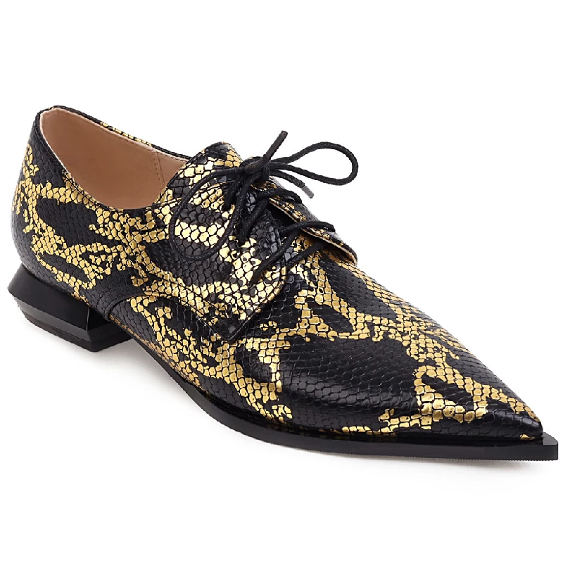 Snake Print Women Loafers Shoes Casual Low Heels Fashion Lace-up Boat Shoes Lady Sexy Pointed Snake EURO Style Oxford Shoes