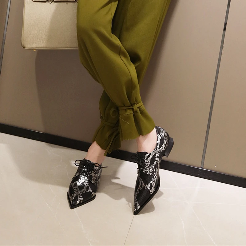 Snake Print Women Loafers Shoes Casual Low Heels Fashion Lace-up Boat Shoes Lady Sexy Pointed Snake EURO Style Oxford Shoes