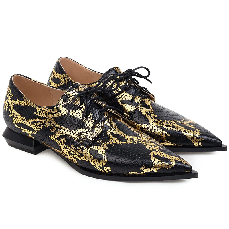 Snake Print Women Loafers Shoes Casual Low Heels Fashion Lace-up Boat Shoes Lady Sexy Pointed Snake EURO Style Oxford Shoes