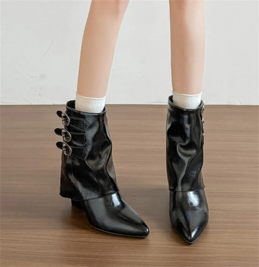 Botas Ankle Boots Autumn Winter Fashion Square Low Heels Boots Shoes for Women Designer Pointed Toe Zapatos De Mujer Handmade